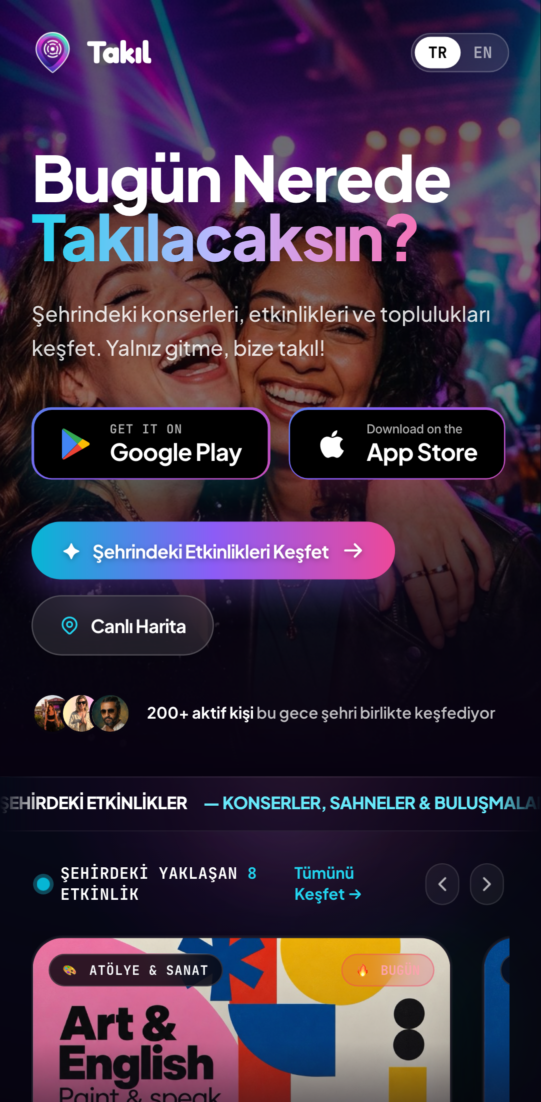 Takıl Mobil Uygulaması - Etkinlik Grupları ve Mekan Haritası